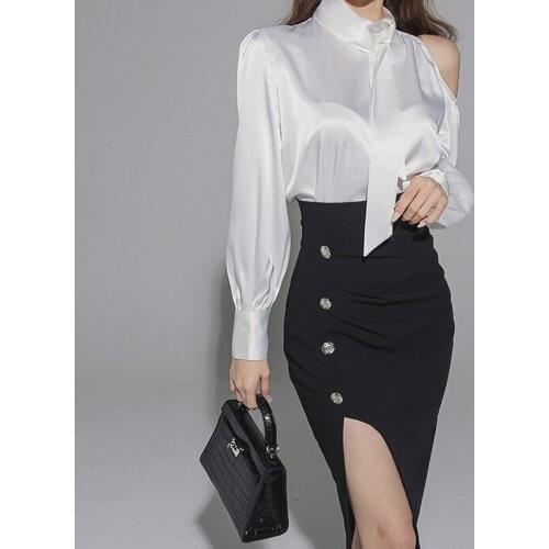 New arrival work style women sets off shoulder loose white shirt and slim sexy pencil skirt elegant formal two pieces women sets
