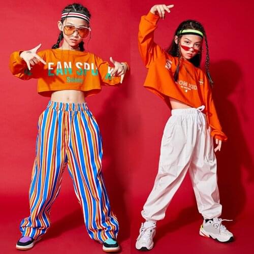 Orange Hip Hop Dance Costumes Girls Stage Performance Clothing Children Modern Street Dancing Wear Girls Jazz Outfits