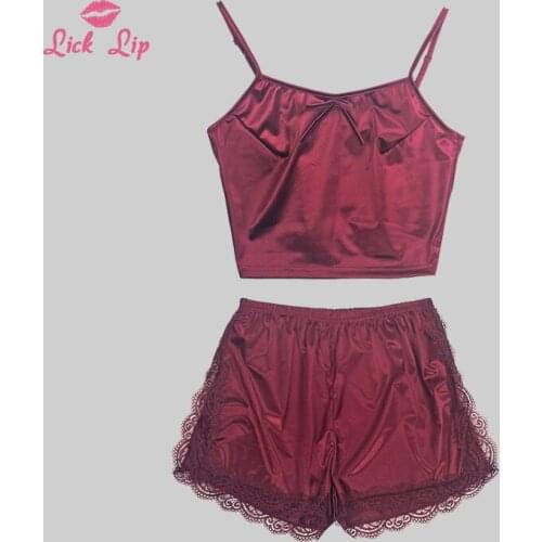 Lick Lip Solid Color Satin Ladies Pajamas Set Basic Section Splice Sling Nightwear Sexy Bow Loose Comfort Home Suit SWD17341-30
