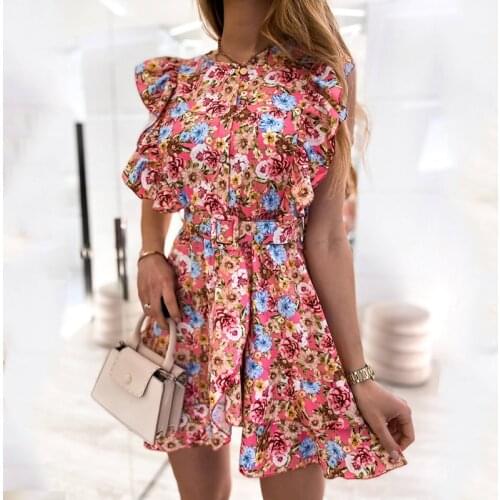 Ruffled Print Floral Dress for Women Summer Dress Sleeveless Button Up Boho Beach Style Dress Robe O Neck Dress Female