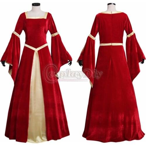 Custom Made Medieval Velet Dark Red Yellow Lined Trampet Sleeves Dress Adult Women Wedding Dress Fancy Halloween Party Dress