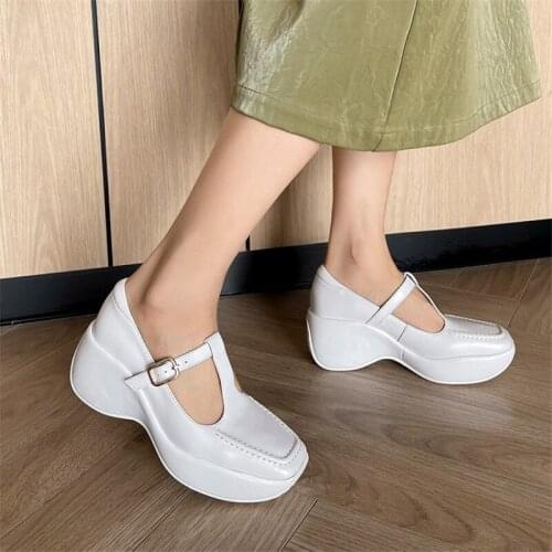 PXELENA Japanese Women T Strap Wedge High Heels Shoes Genuine Leather Thick Sole Platform Pumps 2022 Spring Autumn Punk Gothic