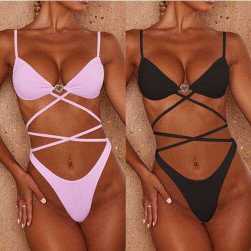 Vintage Bandage swimwear Swimsuit Sexy split bikini with peach heart diamond buckle cross strap Swimsuit Bandeau swimwear Bikini