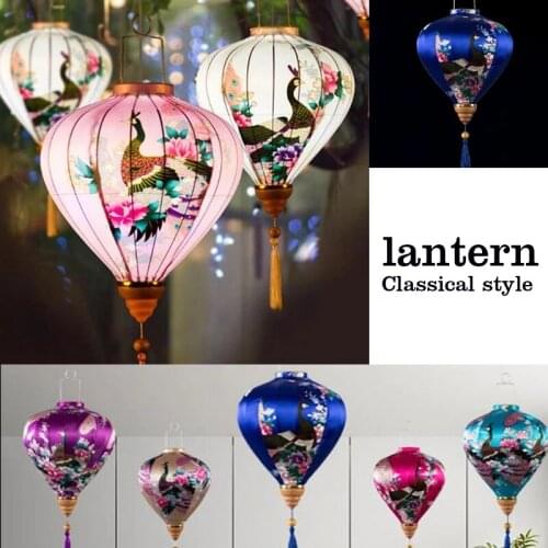 Vintage elegant Silk Lanterns Japan Chinese Vietnam Lantern Peacock Bird Pattern hanging decor Mid-Autumn Festival Party Outdoor