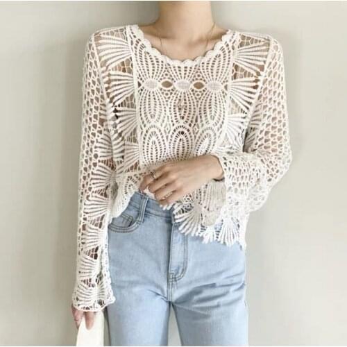 Summer Temperament Fashion Retro Crochet Hollow Out Lace Shirt &Blouse Female O-Neck Flare Sleeve OL Work Wear Womens Top