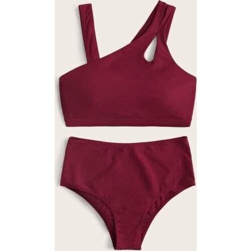 Sexy Swimwear Women Solid Red Push-up Soft Bikini Bathers Bathing Suit Cut Out Oblique Shoulder High Waist Swimsuit Biquini