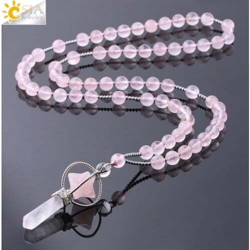 CSJA Natural Stone Long Necklace Women Reiki Merkaba Pendant Crystal Necklaces Purple Pink White Tiger Eye Bohemian Jewelry F782