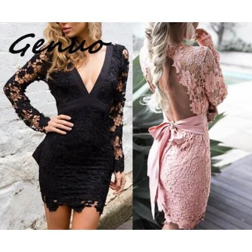 Genuo New Vintage Women Floral Bodycon Party Dresses Summer Sexy Pink Sexy V-neck Hollow Design Backless Self-tie Lace Dress