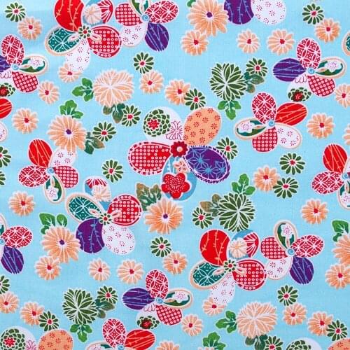 1 yard Cotton Poplin Fabric for sewing pathwork, dress, cloth, bedding - Flowers on Light Blue (width=140cm)