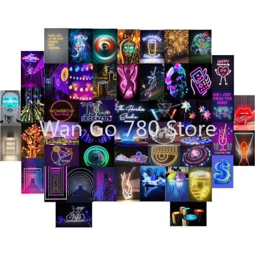 50Pcs Neon Image for Wall Sticker Collage Set Attraction Neon Show Photo Fantasy Lights Postcard Decoration Photography Props