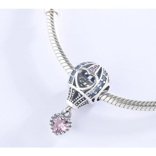 925 Sterling Silver Blue Hollow Hot Air Balloon Pink Heart Pendant Charm Bracelet DIY Jewelry Making For Original Pandora