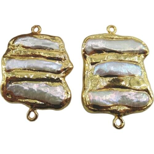 APDGG 2PC Cultured White Biwa Pearl Pendant Double Ring Metal Bezel Connector Jewelry Making DIY