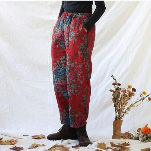 Women Winter Cotton Linen Padded Elastic Waist Pants Ladies Vintage Warm Pants Trousers Female 2020 Print Trousers
