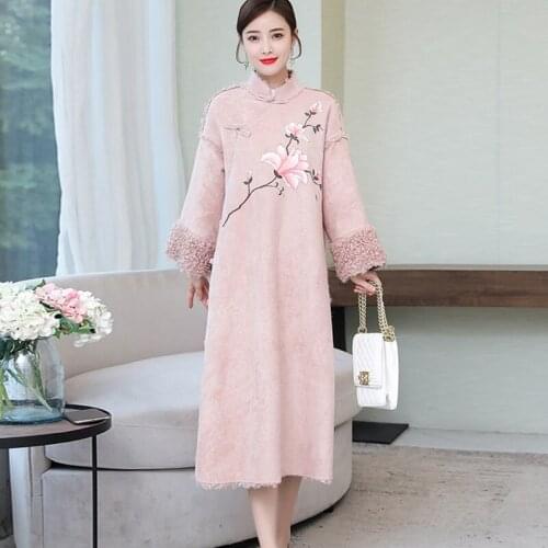 Faux Fur Elegant Chinese Dresses Women 2020 Winter Long Sleeve Warme Robe Vintage Qipao Fleece New Year Qipao Dress 11900
