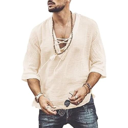 T-Shirts Men Solid Color Half Sleeve V Neck Hollow Out Chest Bandage T-shirt Blouse Top Mens Clothing 2021