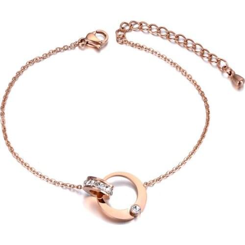 Summer Style CZ Crystal Double Circles Charm Bracelet Bangle For Women Stainless Steel Link Chain Bohemia Beach B19026
