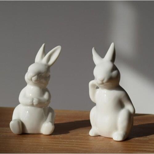 Ceramic Cute Pure White Rabbit Figurines Porcelain Table Home Decoration China Gift Modern Statue Handmade furnishings