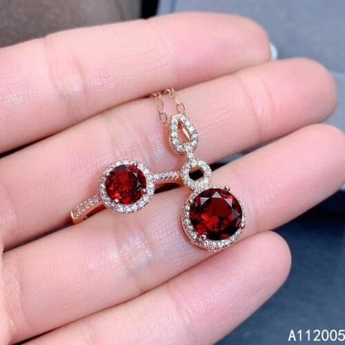 KJJEAXCMY Fine Jewelry 925 sterling silver inlaid natural gemstone garnet female ring pendant set trendy Support detection