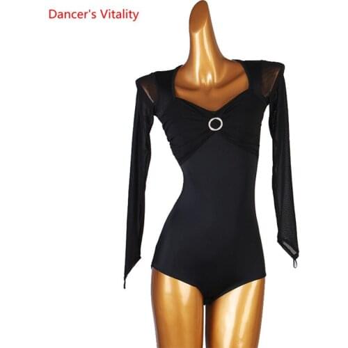 Latin Dance Body Suit V-neck Onesies Tulle Long Sleeve Performance Shirt Profession Custom Female Adult Child Performance Top