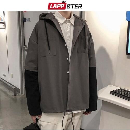 LAPPSTER Men Harajuku Patchwork Jacket 2021 Autumn Vintage Streetwear Fake Two Pieces Windbreaker Korean Hooded Jacket Coat 5XL