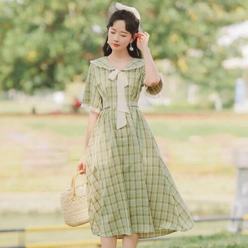 Bow Cute Ruffled Doll Collar Sweet Kawaii Dresses Summer Short Sleeved Literary Retro Vestido Preppy Midi Dress
