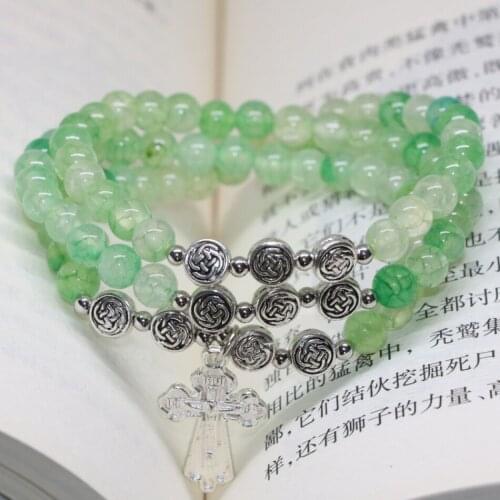 Multilayer Strand Bracelets 6mm Natural Stone Apple Green Popcorn Onyx Agat Round Beads Cross Pendant Elegant Jewelry B2201