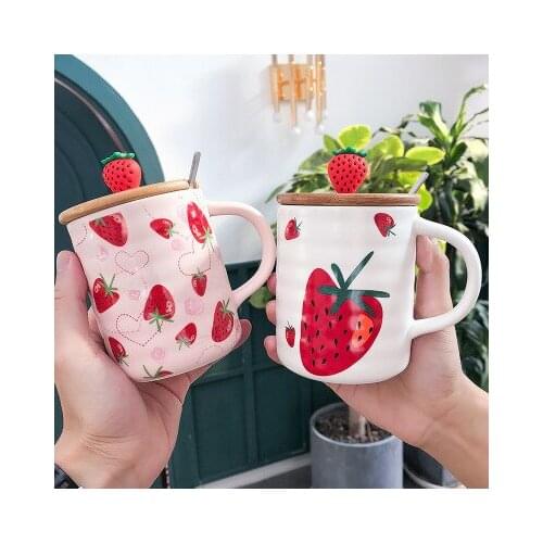 Cartoon Strawberry Mug Cup Korean Girl Ceramic Cup with Lid and Spoon Cute Female Student Mug Cute Mug bb50mk