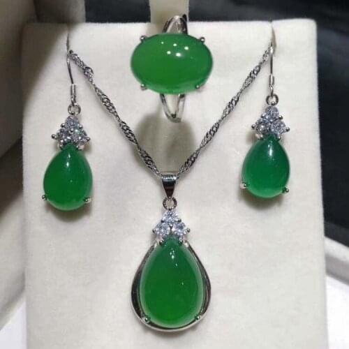 Natural 925 sterling silver inlaid green agate water droplets temperament pendant ring earring ear studs sets jewelry