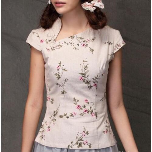 New women Traditional Chinese Clothing buttons cheongsam tops flower print linen shirts plus size
