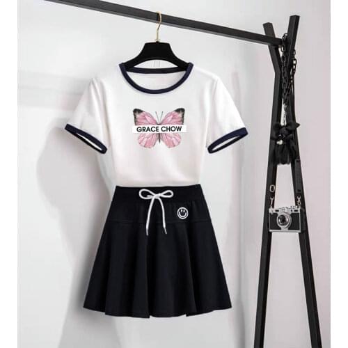 Girls Clothes Summer Casual Short Sleeve T Shirts + Black Skirt Suits Students Clothing Sets Teens Children Clothes S M L XL 2XL