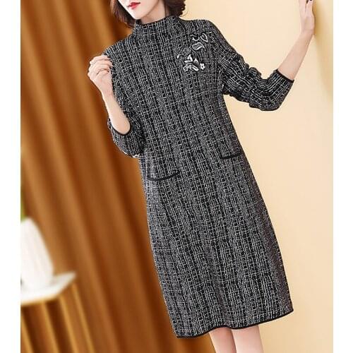 Autumn Winter Vintage Striped Knitting Pullovers 2021 Women Elegant Bodycon Sweaters Casual 3XL Plus Size Wool Sweater Dresses