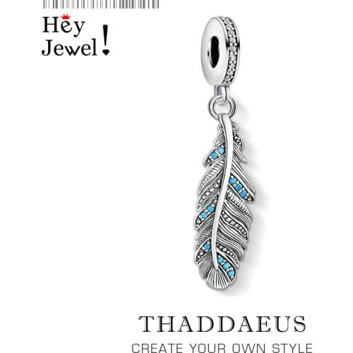 Fashion Custom New 925 Sterling Silver Feather Blue Pendants Charm for Women Men Fit Bracelet Necklace Trendy Accessory Making
