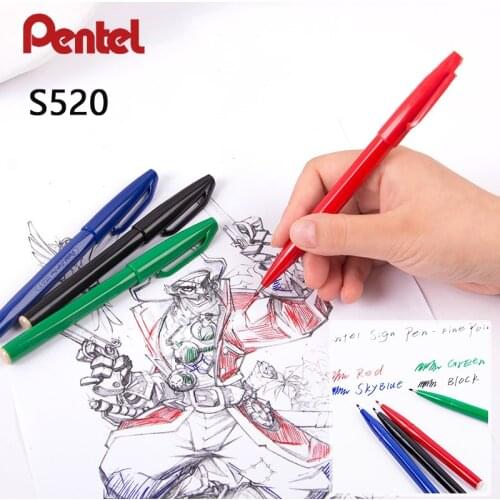 Japanese Pentel S520 Sign Pen 2.0mm Hard Tip Signature Pen Fiber Nib Calligraphy Hook Line Pens Black/Blue/Green/Red Color