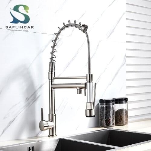 Pull Down Brushed Kitchen Mixer Faucet Deck Mounted Dual Spout Hot & Cold Kitchen Sink Crane Taps Handheld Sprayer Shower Head