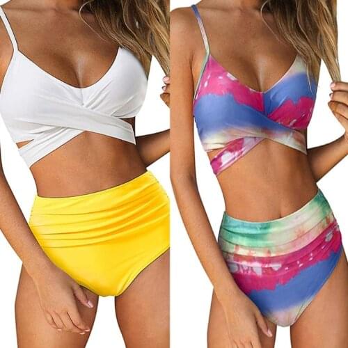H9ED Women Sexy 2pcs Bikini Set Ruched Cross Tie Back Swimsuit High Waist Beachwear