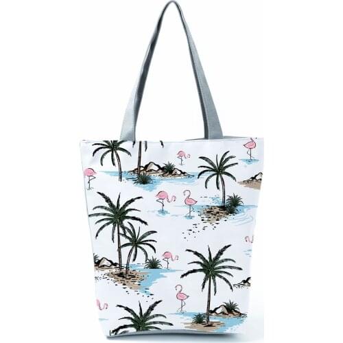 Coconut Tree Flamingo Printed Shoulder Bag Landscape Casual Handbag Outdoor Storage Shopping Bag High Capacity Travel Bag Tote