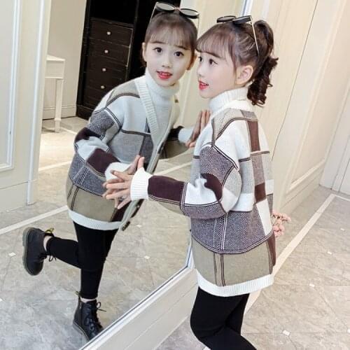 V-neck Girls Sweaters Childrens Clothing Thick Spring Autumn Sweater Plaid Knitwear Baby Girl Knitted Bottoming Shirts