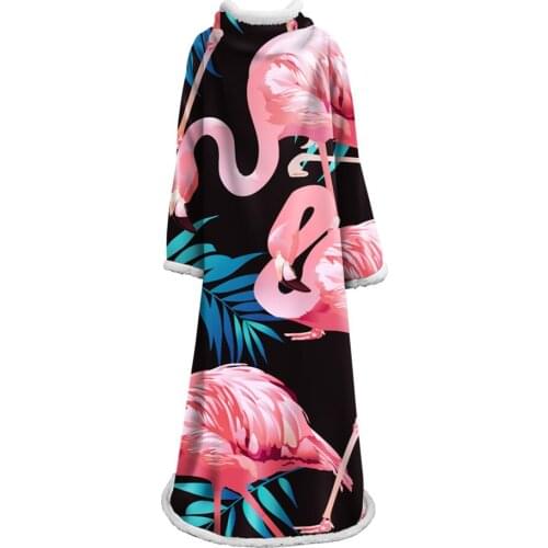 Flamingo Printed Warm Blanket with Sleeve Adults Kids Flowers Sherpa Fleece Wearable Throw Blanket Winter Blankets With Sleeve