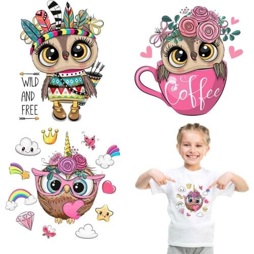 Cartoon Animal Patch Heat Transfer Vinyl Iron On Transfers Cute Owl Patches For Kids Clothing DIY T-shirt Applique Nail Sticker