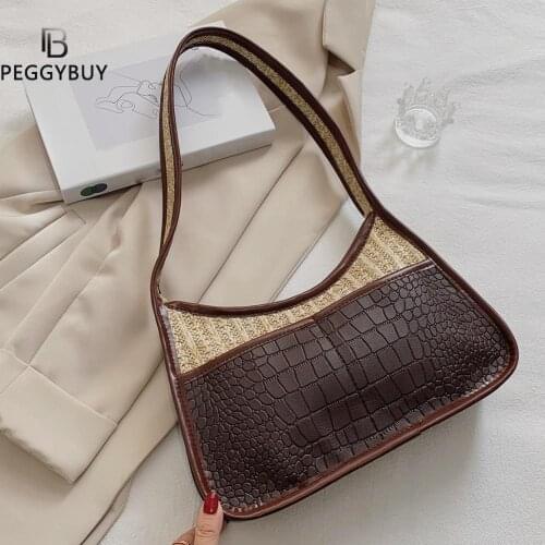 Vintage Women Straw Woven Patchwork PU Leather Shoulder Underarm Bag Casual Ladies Stitching Handbags