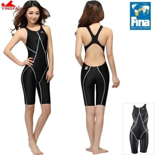 Yingfa FINA Approved Competition Waterproof Chlorine Resistant Women One Piece Swimwear Knee Length Swimsuit Bodysuit Girl