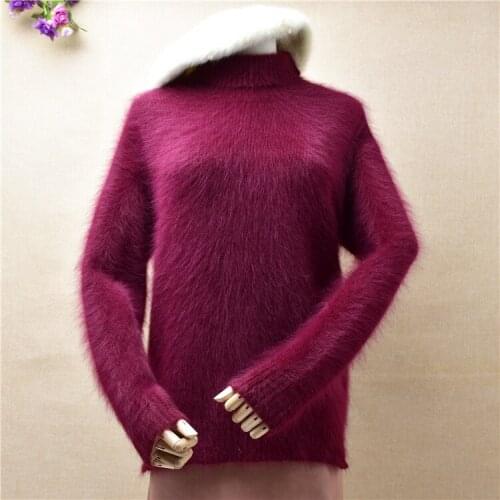Ladies women fashion warm hairy mink cashmere knitted turtleneck long sleeves pullover angora rabbit fur winter jumper sweater