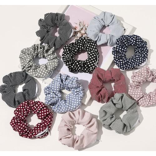 2020 Women Hair Scrunchie Dot Striped Print Hair Rope Ring Ponytail Holder Elastic Hair Band With Zipper Pocket Hair Accessories