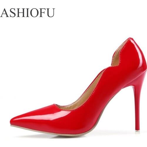 ASHIOFU Womens Handmade Pumps Patent Leather Slip-on Stiletto High Heel Dress Shoes Wedding Party Prom Fashion Evening Shoes