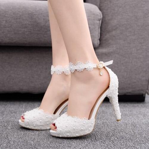 Female Shoes 11cm Fish Mouth Loafers Woman Thin Heel White Lace Wedding Shoes Bride Dress Pumps Buckle Pearls big size 41