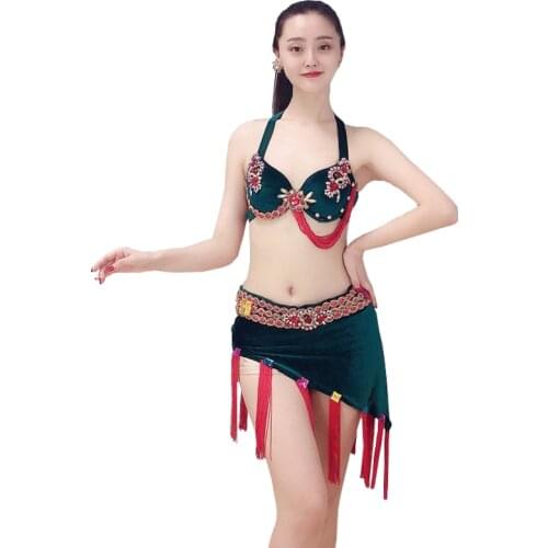 Oriental Dance Costume Women Belly Dance Velvet Rhinestone Outfit 3 Pieces Set Bra, Belt Skirt Performance Suit