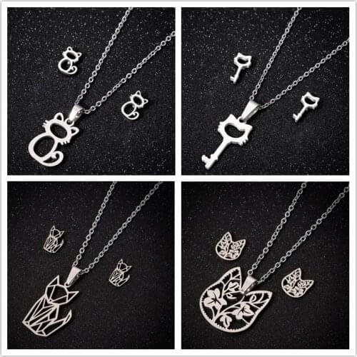Cute Cat Stainless Steel Cat Jewelry Sets Fashion Women Animal Kitten Kitty Chain Necklaces Earings Pop Pet Gift Kolczyki 2020