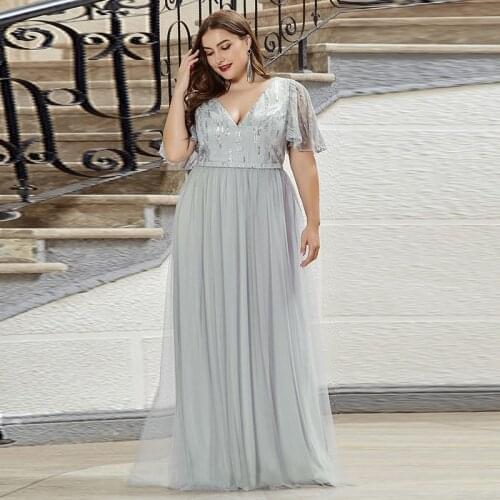 Evening Dress Ruched Short Sleeves Sequins Deep V-Neck Fashion A-Line New Empire Floor-Length Plus Size Women Formal Gowns D987