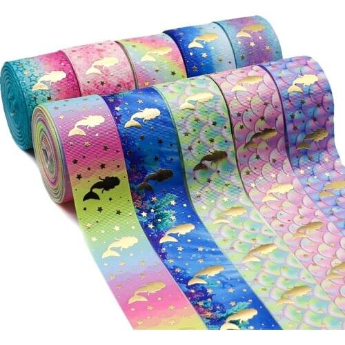 5 Yards 1.5" 38MM Gold Mermaid Printed Grosgrain Ribbon For Hair Bows DIY Crafts Handmade AccessoriesY2020082401