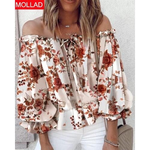 2021 Street Temperament Chiffon Pullover Print Off-Neck Loose Womens Shirt Factory Wholesale